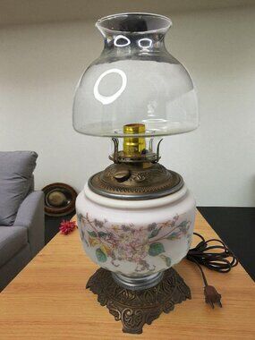 Vintage 1950s Oil Lamp Repurposed Into Electric Lamp White, Blue, Red, Floral De